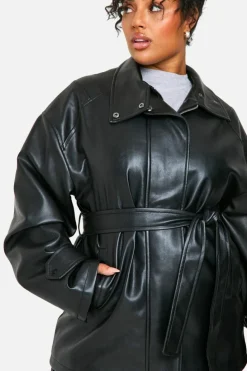Up To 80% Off Winter Warmers|Trench Coats*boohoo Plus Belted Faux Leather Trench Coat black