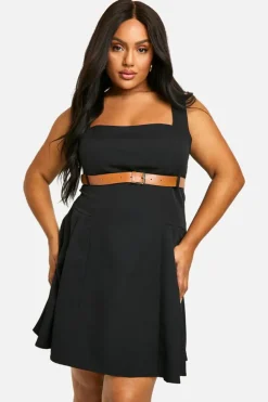 Skater Dresses*boohoo Plus Belted Square Neck Buckle Mini Dress black
