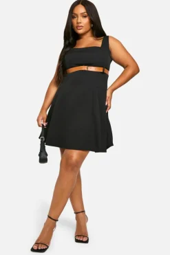 Skater Dresses*boohoo Plus Belted Square Neck Buckle Mini Dress black
