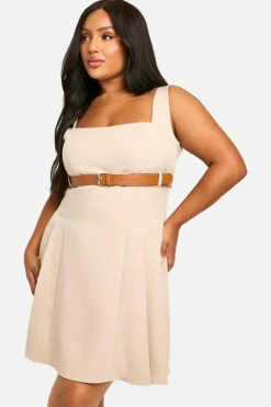 Skater Dresses*boohoo Plus Belted Square Neck Buckle Mini Dress stone