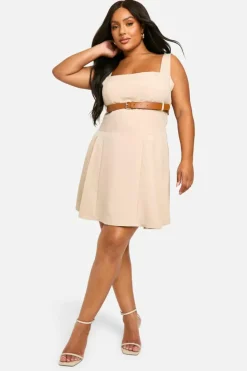 Skater Dresses*boohoo Plus Belted Square Neck Buckle Mini Dress stone