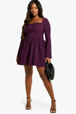 Skater Dresses|Mini Dresses*boohoo Plus Bengaline Corset Long Sleeve Skater Dress plum