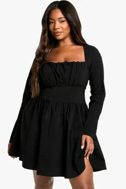 Skater Dresses|Mini Dresses*boohoo Plus Bengaline Corset Long Sleeve Skater Dress black