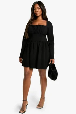 Skater Dresses|Mini Dresses*boohoo Plus Bengaline Corset Long Sleeve Skater Dress black