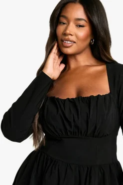 Skater Dresses|Mini Dresses*boohoo Plus Bengaline Corset Long Sleeve Skater Dress black