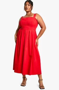Skater Dresses*boohoo Plus Bengaline Corset Skater Midaxi Dress red