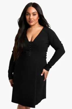 Skater Dresses|Long Sleeve Dresses*boohoo Plus Bengaline Hook & Eye Skater Dress black