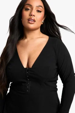 Skater Dresses|Long Sleeve Dresses*boohoo Plus Bengaline Hook & Eye Skater Dress black