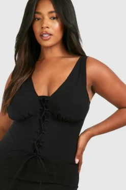 Midi Dresses*boohoo Plus Bengaline Milkmaid Corset Midi Dress black