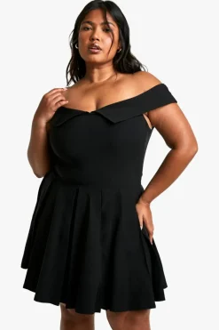 Skater Dresses*boohoo Plus Bengaline Off Shoulder Pleated Skater Dress black