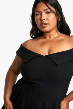 Skater Dresses*boohoo Plus Bengaline Off Shoulder Pleated Skater Dress black
