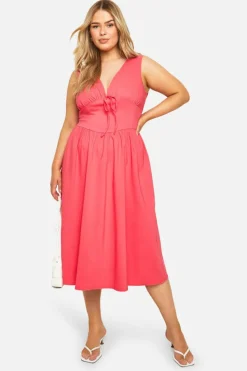 Midi Dresses*boohoo Plus Bengaline Plunge Corset Midi Skater Dress hot pink