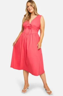 Midi Dresses*boohoo Plus Bengaline Plunge Corset Midi Skater Dress hot pink