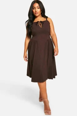 Smock Dresses*boohoo Plus Bengaline Tie Milkmaid Dress chocolate
