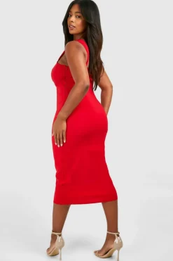 Midi Dresses*boohoo Plus Bengaline Wide Strap Corset Midi Dress red