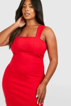 Midi Dresses*boohoo Plus Bengaline Wide Strap Corset Midi Dress red