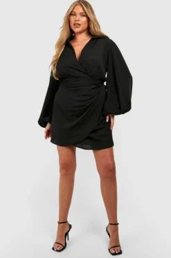 Wrap Dresses|Mini Dresses*boohoo Plus Blouson Sleeve Wrap Dress black