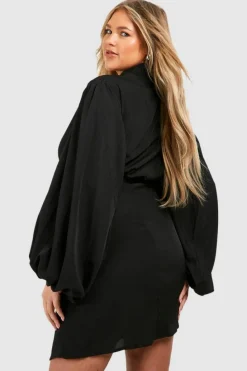 Wrap Dresses|Mini Dresses*boohoo Plus Blouson Sleeve Wrap Dress black
