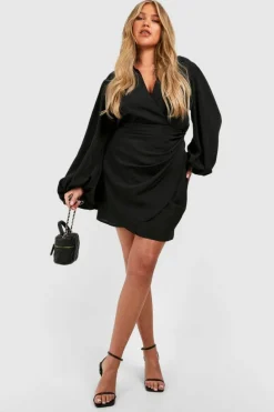 Wrap Dresses|Mini Dresses*boohoo Plus Blouson Sleeve Wrap Dress black