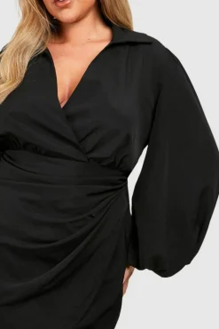 Wrap Dresses|Mini Dresses*boohoo Plus Blouson Sleeve Wrap Dress black