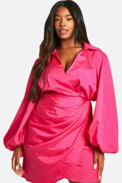 Wrap Dresses*boohoo Plus Blouson Sleeve Wrap Dress hot pink