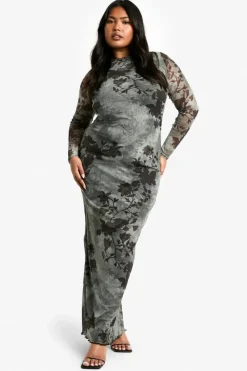 Bodycon Dresses*boohoo Plus Blue Floral Mesh Low Back Maxi Dress green
