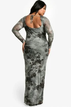 Bodycon Dresses*boohoo Plus Blue Floral Mesh Low Back Maxi Dress green