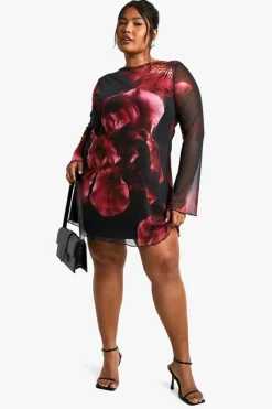 Mini Dresses|Long Sleeve Dresses*boohoo Plus Blur Floral Mesh Flare Sleeve Mini Dress plum