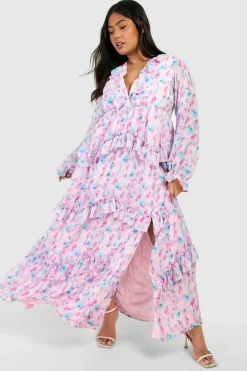 Smock Dresses*boohoo Plus Blurred Floral Ruffle Maxi Dress pink