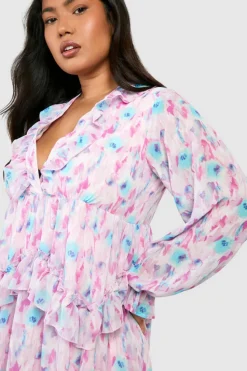 Smock Dresses*boohoo Plus Blurred Floral Ruffle Maxi Dress pink