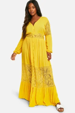 Smock Dresses*boohoo Plus Boho Lace Insert Maxi Dress ochre