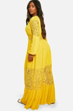 Smock Dresses*boohoo Plus Boho Lace Insert Maxi Dress ochre