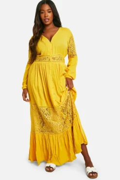 Smock Dresses*boohoo Plus Boho Lace Insert Maxi Dress ochre