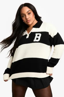 Jumpers|Jumpers & Cardigans*boohoo Plus Bold Stripe Varsity Polo Collar Jumper cream