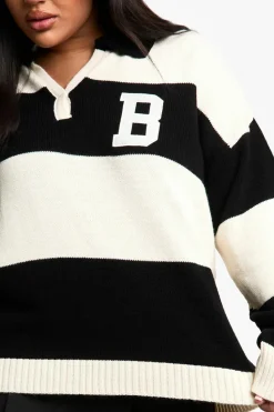 Jumpers|Jumpers & Cardigans*boohoo Plus Bold Stripe Varsity Polo Collar Jumper cream
