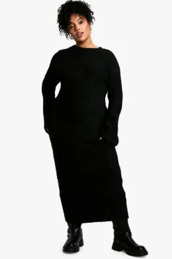 Maxi Dresses|Jumper Dresses*boohoo Plus Borg Flare Sleeve Knitted Maxi Dress black