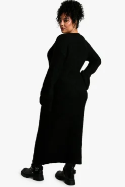 Maxi Dresses|Jumper Dresses*boohoo Plus Borg Flare Sleeve Knitted Maxi Dress black