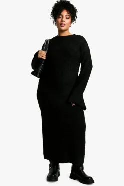 Maxi Dresses|Jumper Dresses*boohoo Plus Borg Flare Sleeve Knitted Maxi Dress black