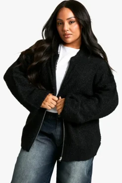 Cardigans|Knitwear*boohoo Plus Borg Knitted Oversized Bomber Jacket black