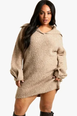 Jumper Dresses|Jumper Dresses*boohoo Plus Borg Oversized Collar Detail Mini Dress camel