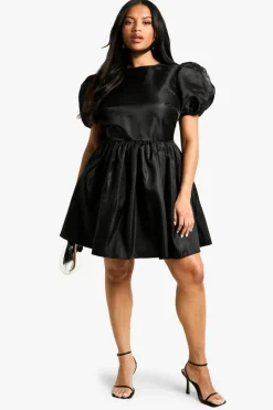 Skater Dresses*boohoo Plus Bow Back Puff Sleeve Smock Dress black