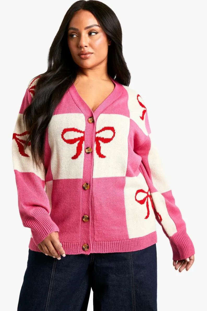 Jumpers|Jumpers & Cardigans*boohoo Plus Bow Christmas Cardigan pink