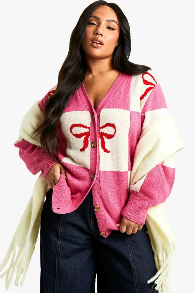 Jumpers|Jumpers & Cardigans*boohoo Plus Bow Christmas Cardigan pink