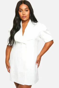 Blazer Dresses*boohoo Plus Bow Detail Puff Sleeve Blazer Dress white