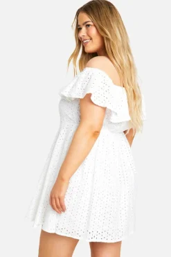 Skater Dresses*boohoo Plus Broderie Ruffle Off Shoulder Skater Dress white