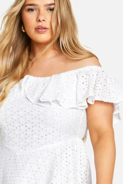 Skater Dresses*boohoo Plus Broderie Ruffle Off Shoulder Skater Dress white