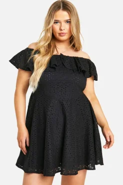 Skater Dresses*boohoo Plus Broderie Ruffle Off Shoulder Skater Dress black