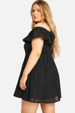 Skater Dresses*boohoo Plus Broderie Ruffle Off Shoulder Skater Dress black