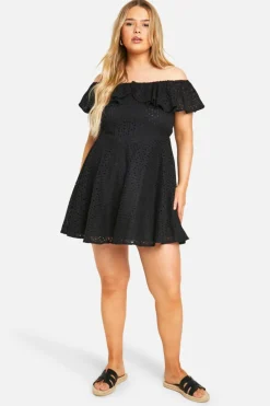 Skater Dresses*boohoo Plus Broderie Ruffle Off Shoulder Skater Dress black