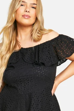 Skater Dresses*boohoo Plus Broderie Ruffle Off Shoulder Skater Dress black